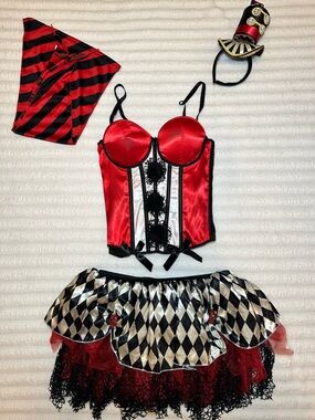 Red and Black Satin Bustier with Harlequin Skirt Costume
